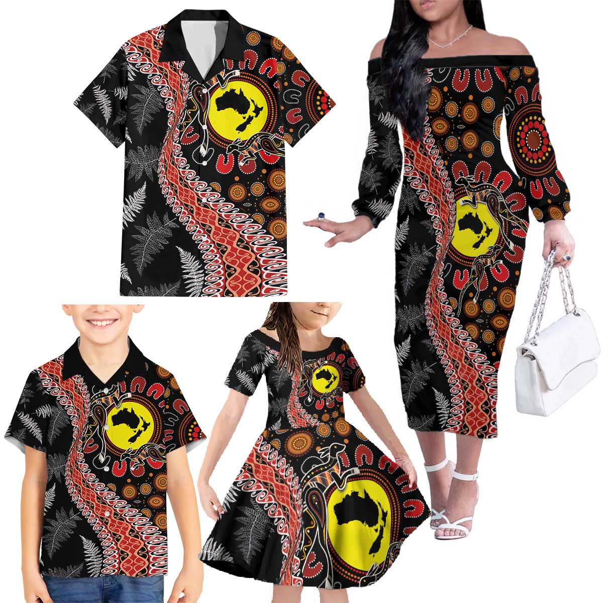 Aotearoa and Australia Family Matching Off The Shoulder Long Sleeve Dress and Hawaiian Shirt Maori Koru Ferns With Aboriginal Kangaroo