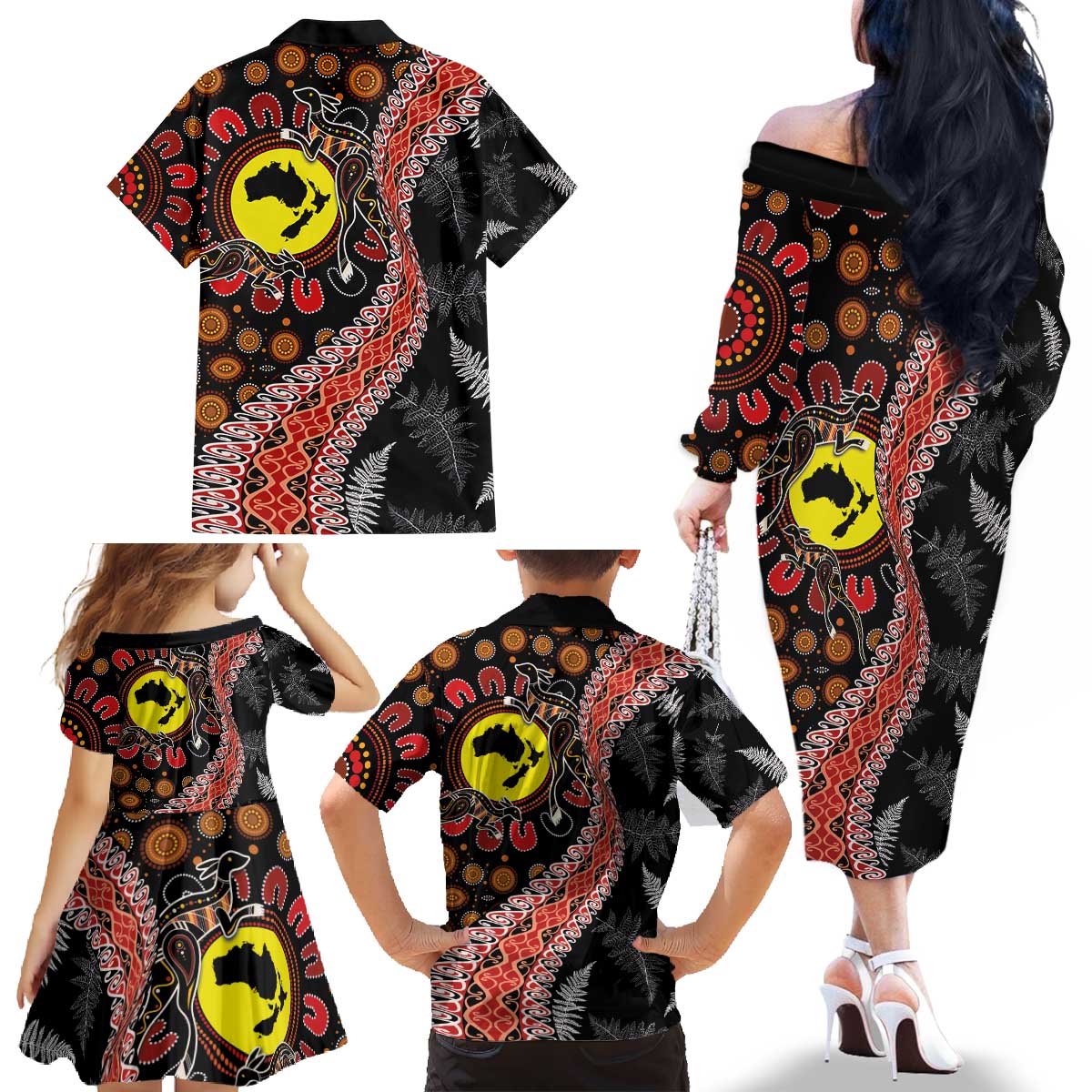 Aotearoa and Australia Family Matching Off The Shoulder Long Sleeve Dress and Hawaiian Shirt Maori Koru Ferns With Aboriginal Kangaroo