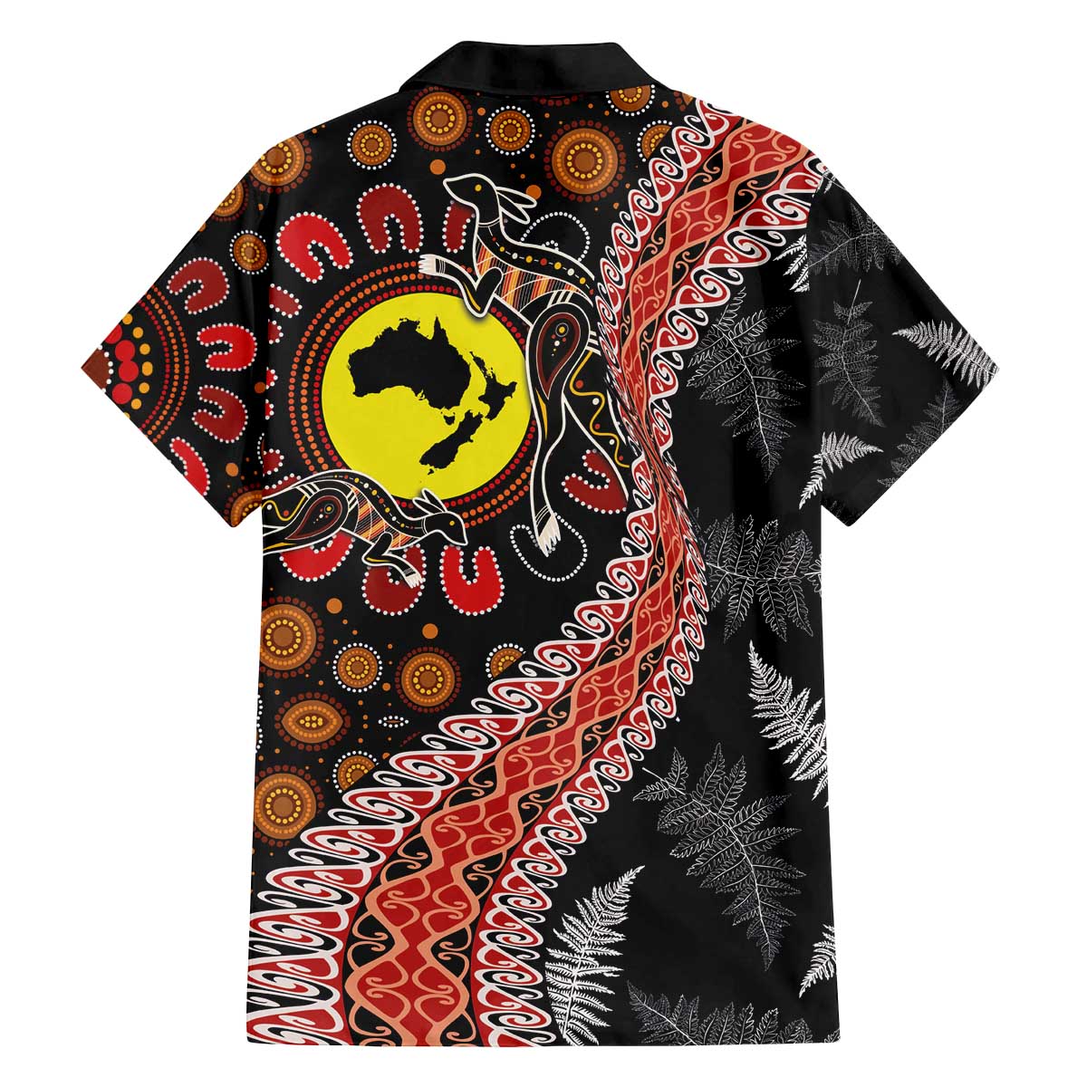 Aotearoa and Australia Family Matching Off The Shoulder Long Sleeve Dress and Hawaiian Shirt Maori Koru Ferns With Aboriginal Kangaroo