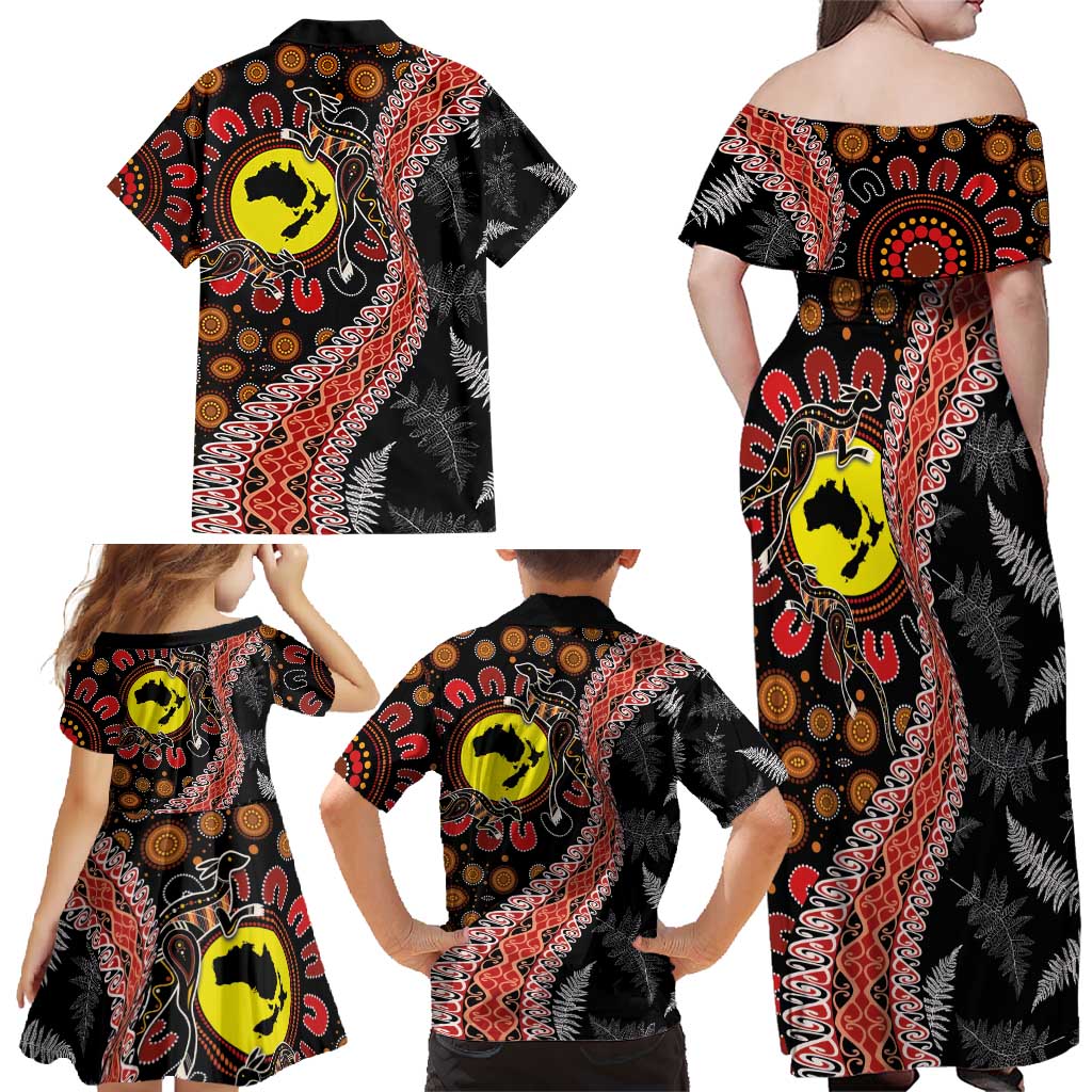 Aotearoa and Australia Family Matching Off Shoulder Maxi Dress and Hawaiian Shirt Maori Koru Ferns With Aboriginal Kangaroo