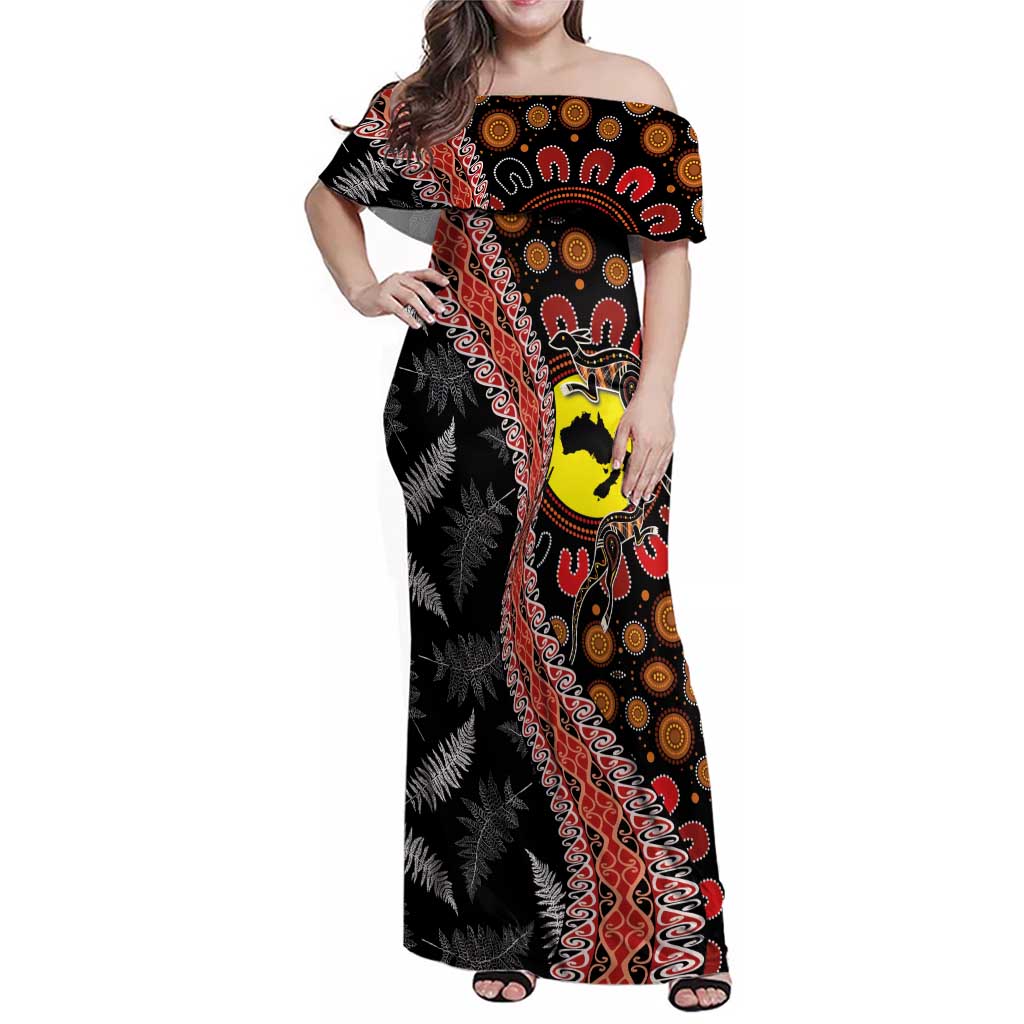 Aotearoa and Australia Family Matching Off Shoulder Maxi Dress and Hawaiian Shirt Maori Koru Ferns With Aboriginal Kangaroo