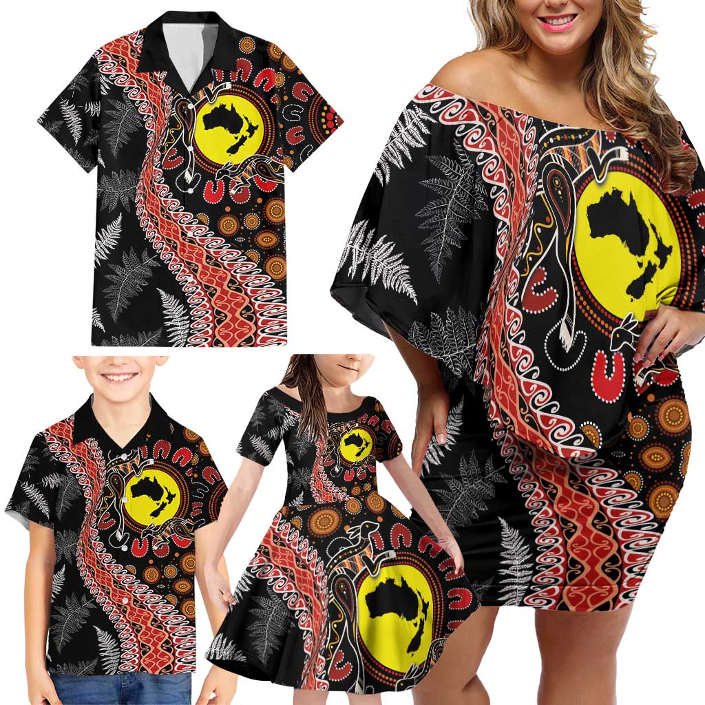 Aotearoa and Australia Family Matching Off Shoulder Short Dress and Hawaiian Shirt Maori Koru Ferns With Aboriginal Kangaroo