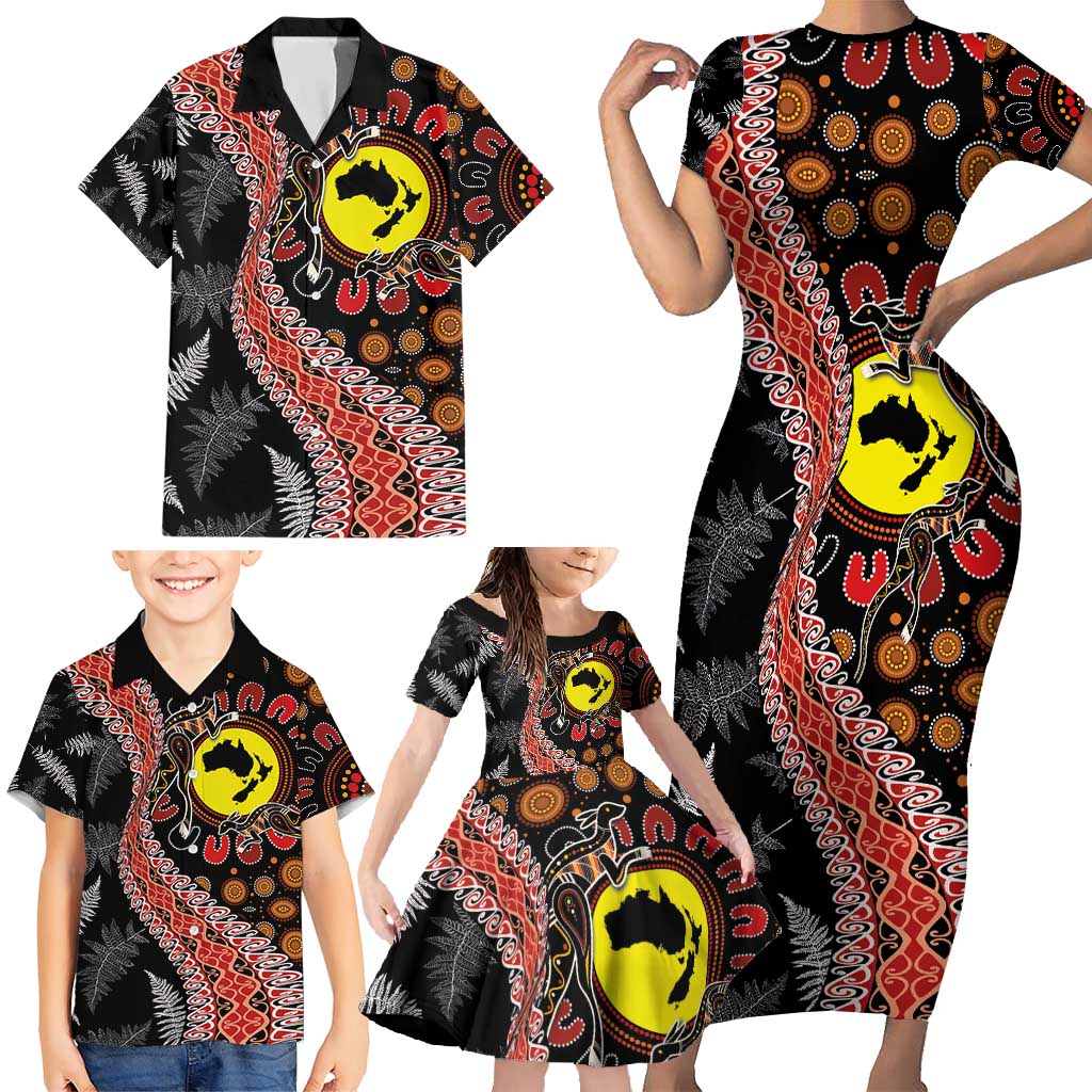 Aotearoa and Australia Family Matching Short Sleeve Bodycon Dress and Hawaiian Shirt Maori Koru Ferns With Aboriginal Kangaroo