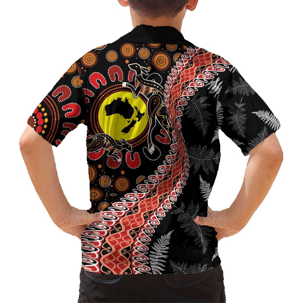 Aotearoa and Australia Family Matching Short Sleeve Bodycon Dress and Hawaiian Shirt Maori Koru Ferns With Aboriginal Kangaroo