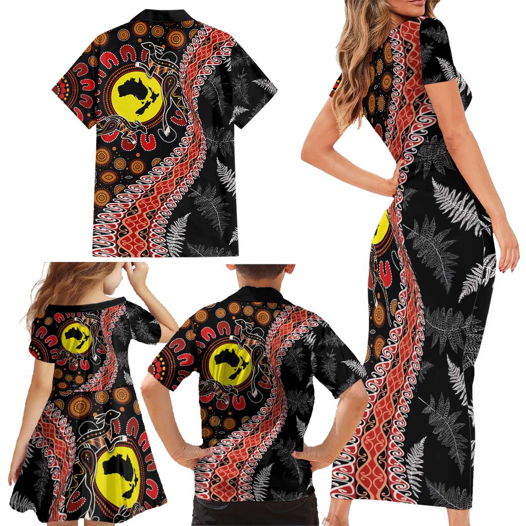 Aotearoa and Australia Family Matching Short Sleeve Bodycon Dress and Hawaiian Shirt Maori Koru Ferns With Aboriginal Kangaroo