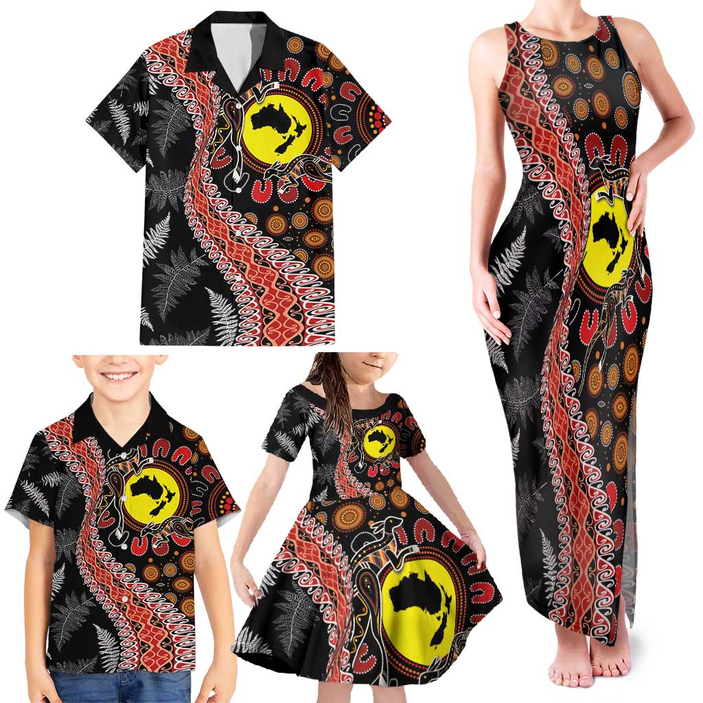 Aotearoa and Australia Family Matching Tank Maxi Dress and Hawaiian Shirt Maori Koru Ferns With Aboriginal Kangaroo