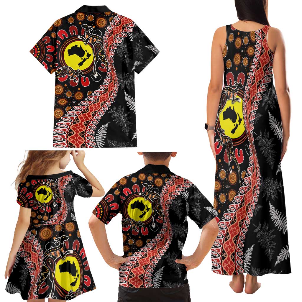 Aotearoa and Australia Family Matching Tank Maxi Dress and Hawaiian Shirt Maori Koru Ferns With Aboriginal Kangaroo