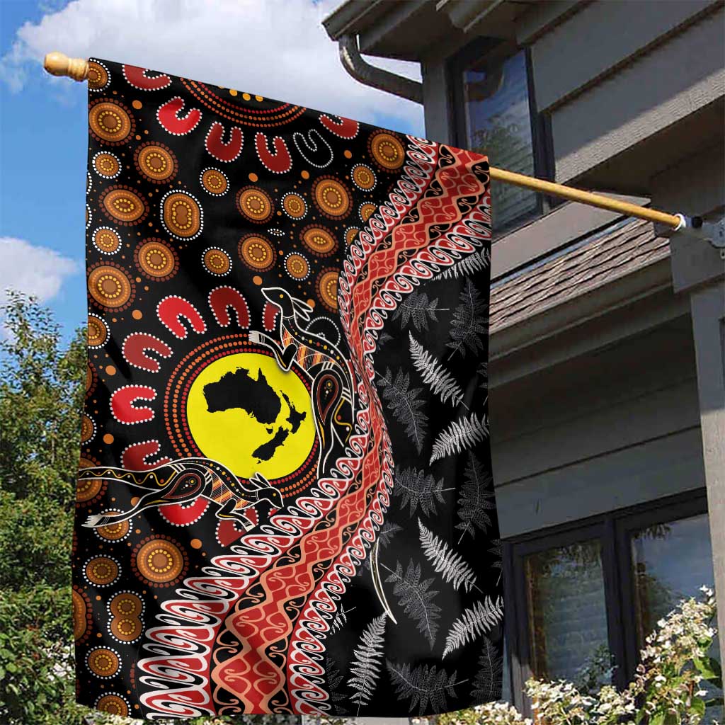 Aotearoa and Australia Garden Flag Maori Koru Ferns With Aboriginal Kangaroo - Vibe Hoodie Shop