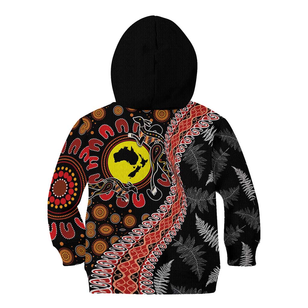 Aotearoa and Australia Kid Hoodie Maori Koru Ferns With Aboriginal Kangaroo - Vibe Hoodie Shop