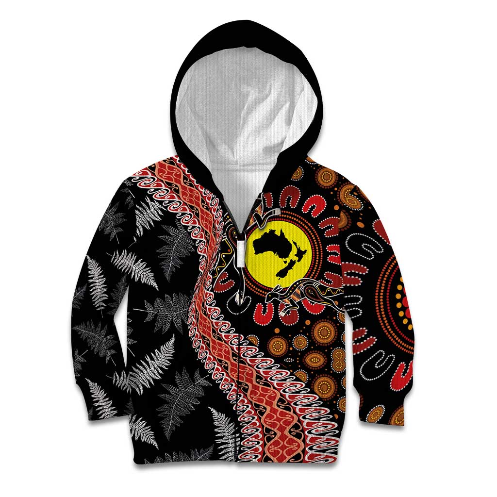 Aotearoa and Australia Kid Hoodie Maori Koru Ferns With Aboriginal Kangaroo - Vibe Hoodie Shop