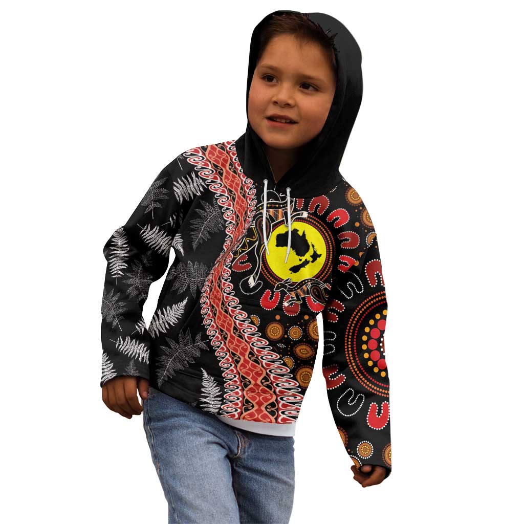 Aotearoa and Australia Kid Hoodie Maori Koru Ferns With Aboriginal Kangaroo - Vibe Hoodie Shop