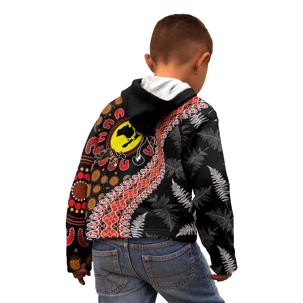 Aotearoa and Australia Kid Hoodie Maori Koru Ferns With Aboriginal Kangaroo - Vibe Hoodie Shop