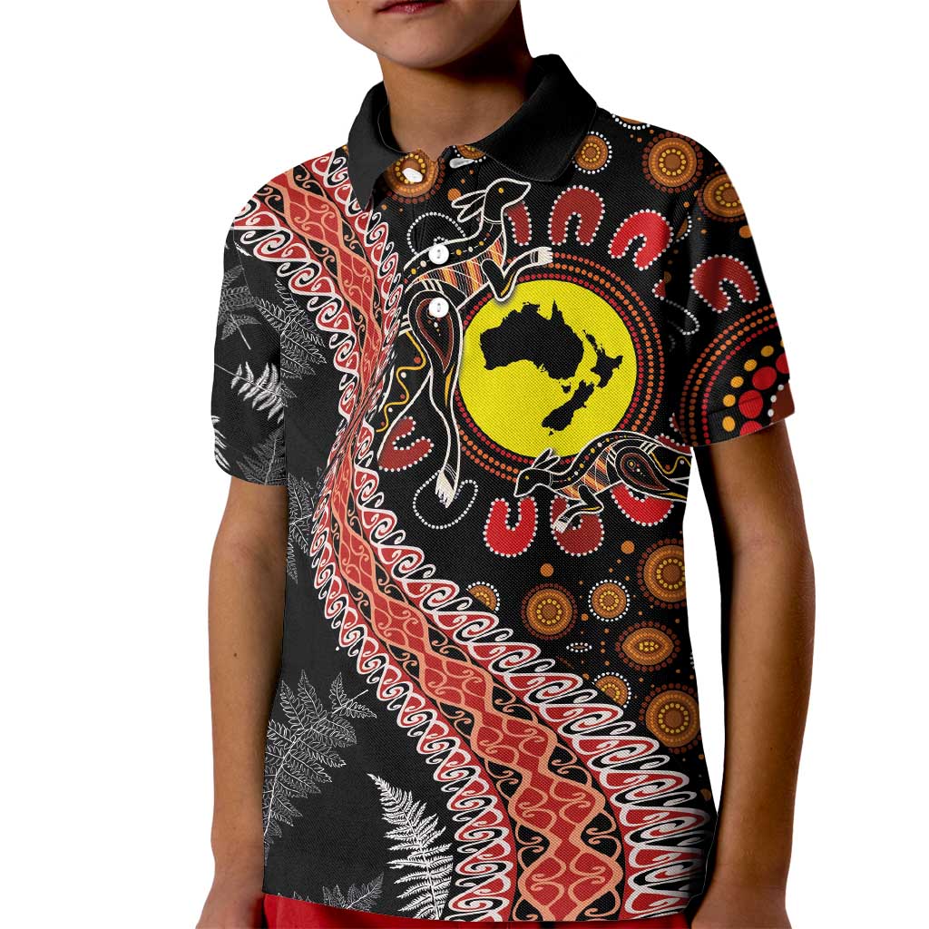 Aotearoa and Australia Kid Polo Shirt Maori Koru Ferns With Aboriginal Kangaroo - Vibe Hoodie Shop