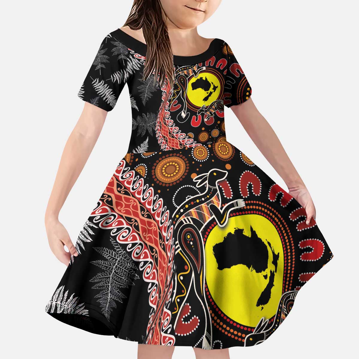 Aotearoa and Australia Kid Short Sleeve Dress Maori Koru Ferns With Aboriginal Kangaroo - Vibe Hoodie Shop