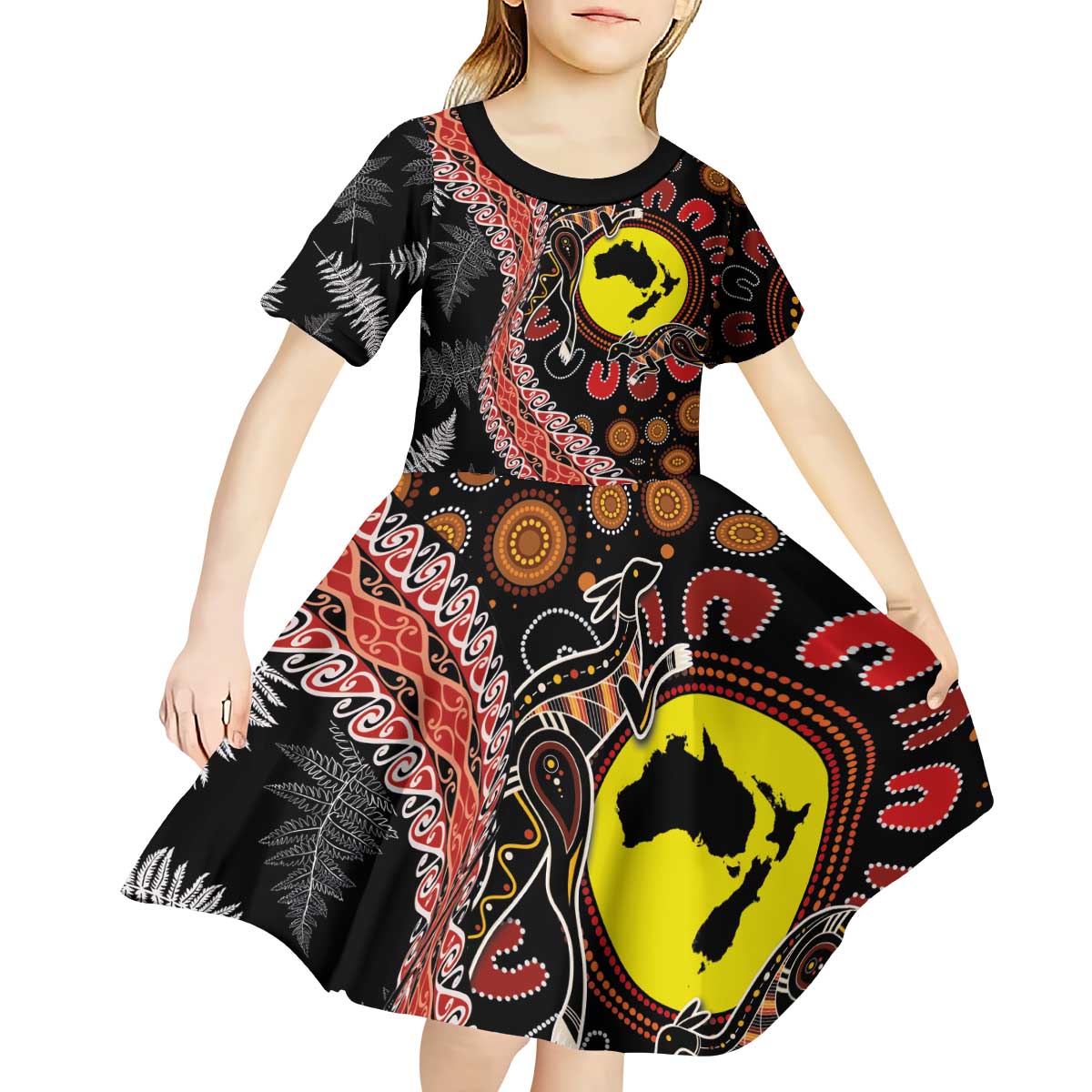 Aotearoa and Australia Kid Short Sleeve Dress Maori Koru Ferns With Aboriginal Kangaroo - Vibe Hoodie Shop