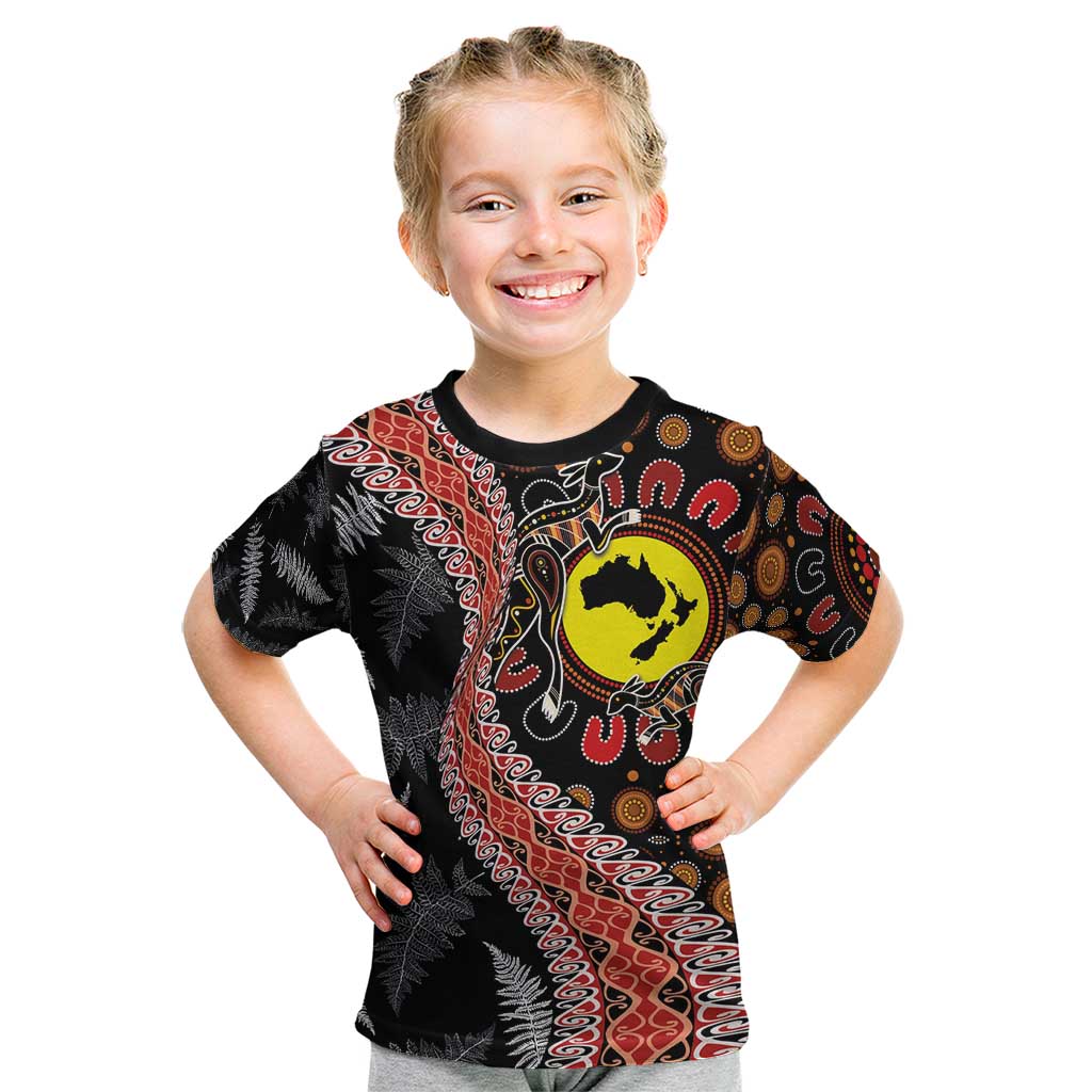 Aotearoa and Australia Kid T Shirt Maori Koru Ferns With Aboriginal Kangaroo - Vibe Hoodie Shop