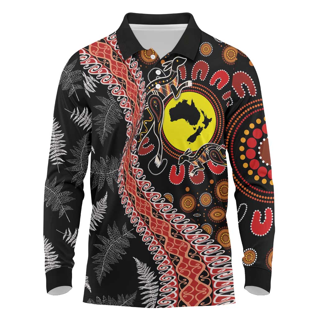 Aotearoa and Australia Long Sleeve Polo Shirt Maori Koru Ferns With Aboriginal Kangaroo