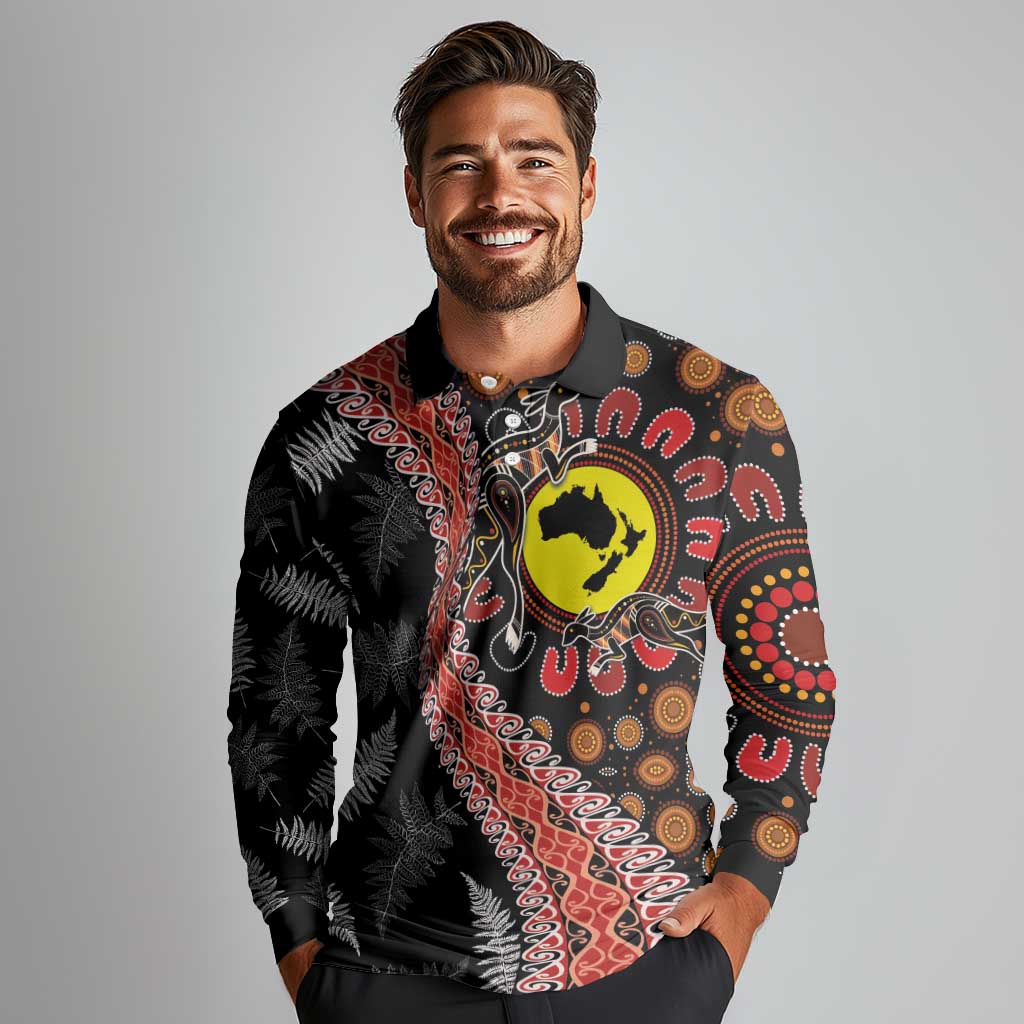 Aotearoa and Australia Long Sleeve Polo Shirt Maori Koru Ferns With Aboriginal Kangaroo