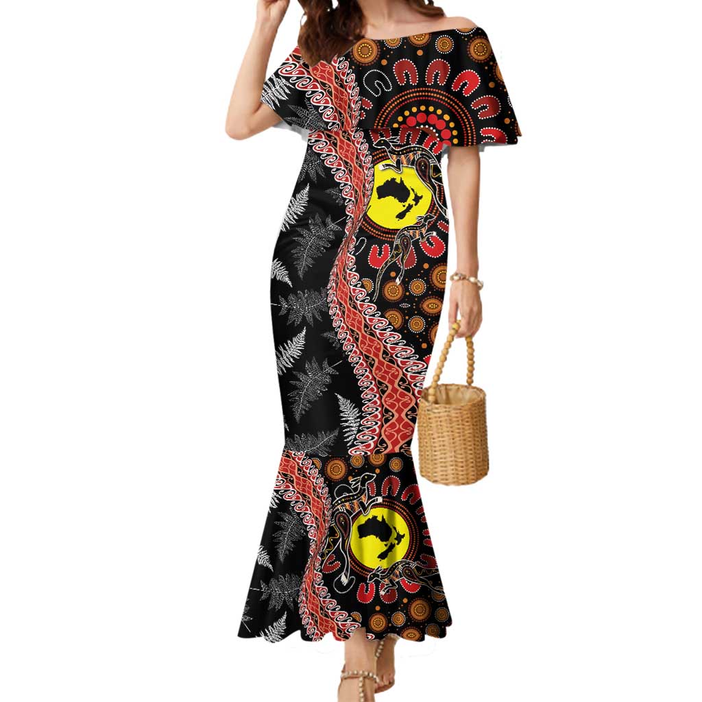 Aotearoa and Australia Mermaid Dress Maori Koru Ferns With Aboriginal Kangaroo