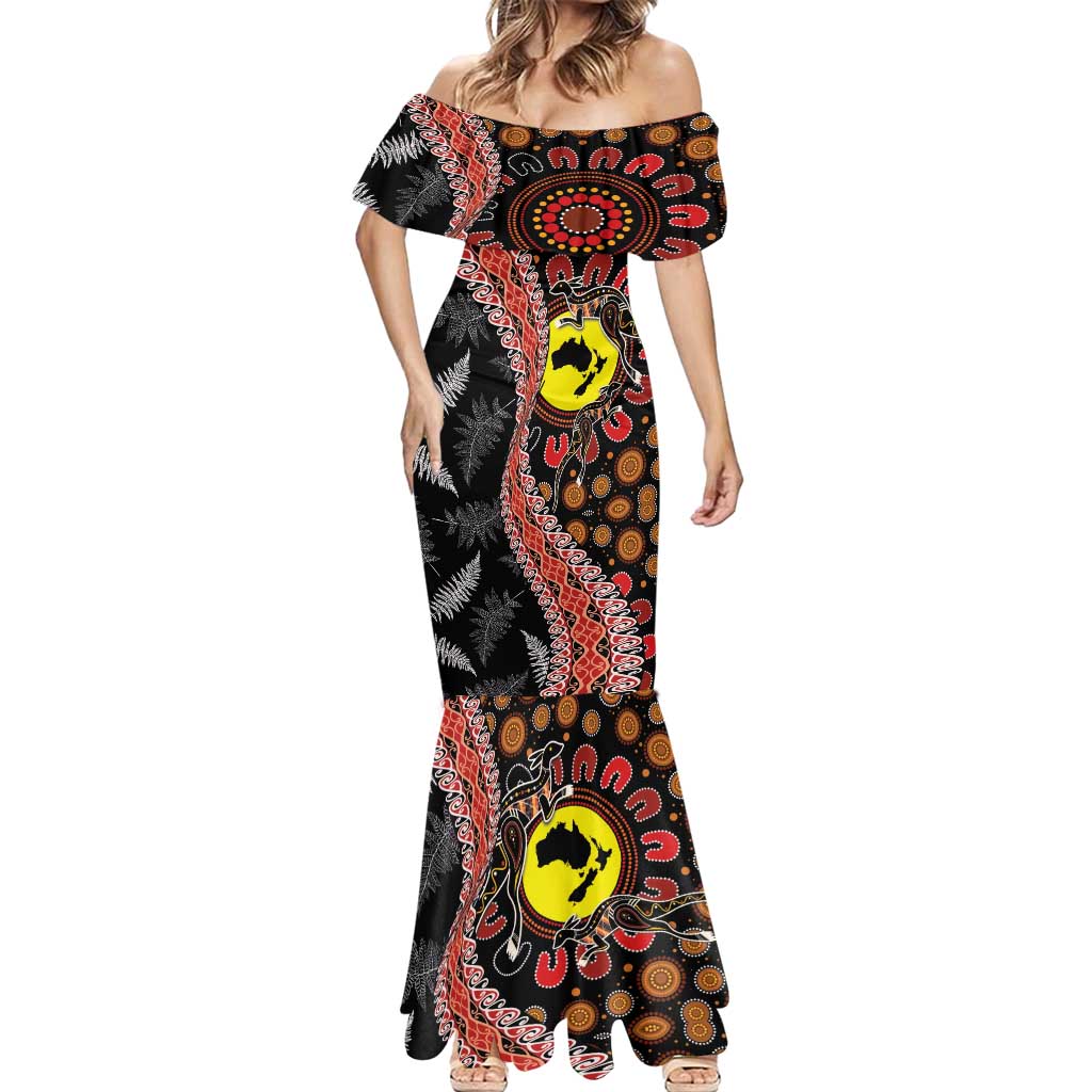 Aotearoa and Australia Mermaid Dress Maori Koru Ferns With Aboriginal Kangaroo