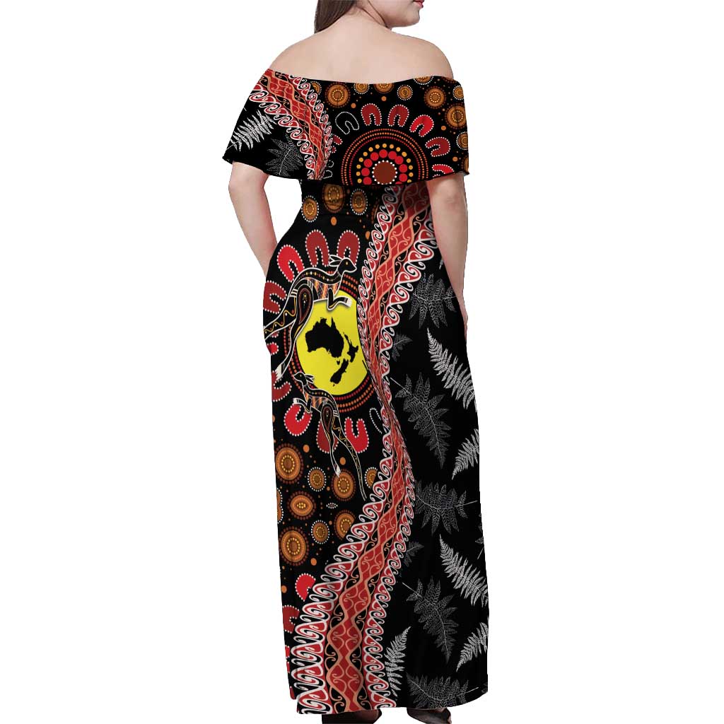 Aotearoa and Australia Off Shoulder Maxi Dress Maori Koru Ferns With Aboriginal Kangaroo