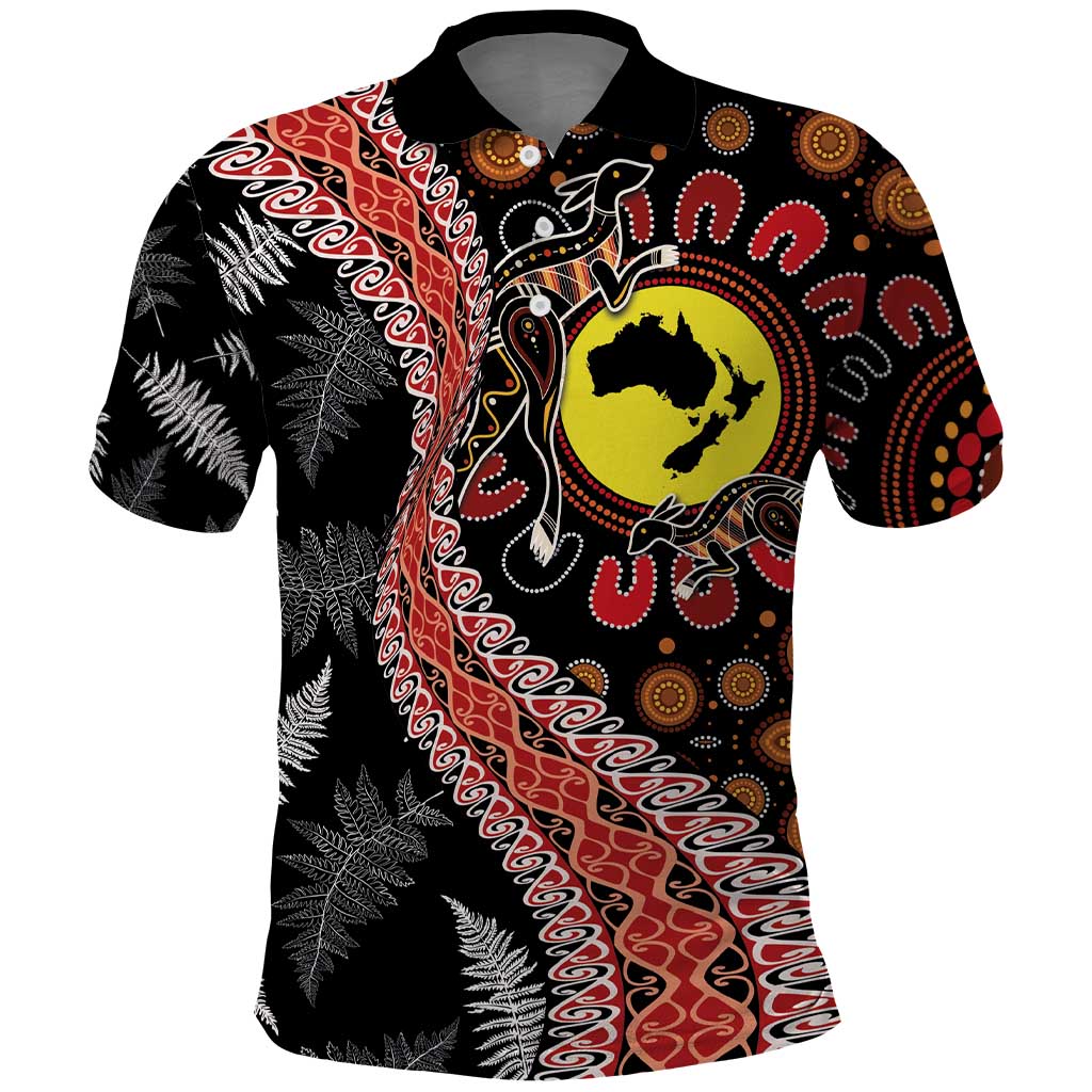 Aotearoa and Australia Polo Shirt Maori Koru Ferns With Aboriginal Kangaroo - Vibe Hoodie Shop