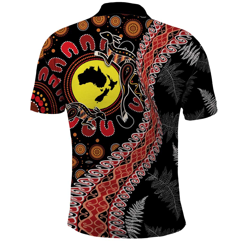 Aotearoa and Australia Polo Shirt Maori Koru Ferns With Aboriginal Kangaroo - Vibe Hoodie Shop