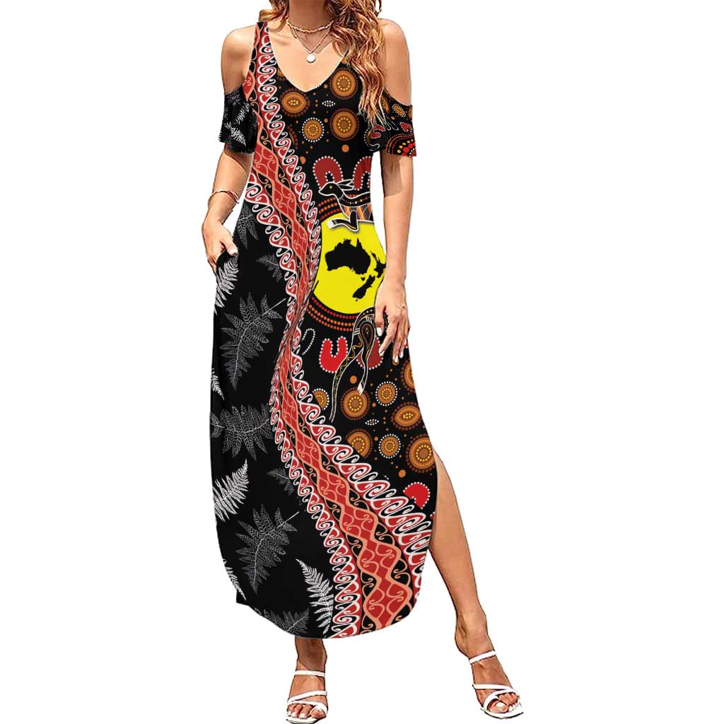 Aotearoa and Australia Summer Maxi Dress Maori Koru Ferns With Aboriginal Kangaroo