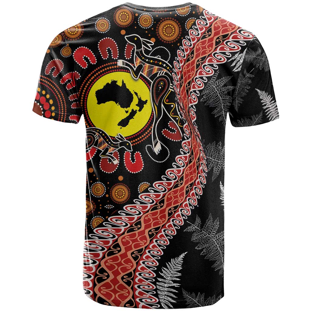 Aotearoa and Australia T Shirt Maori Koru Ferns With Aboriginal Kangaroo - Vibe Hoodie Shop