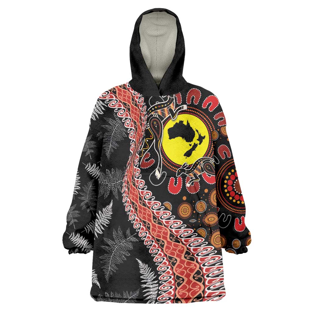 Aotearoa and Australia Wearable Blanket Hoodie Maori Koru Ferns With Aboriginal Kangaroo - Vibe Hoodie Shop