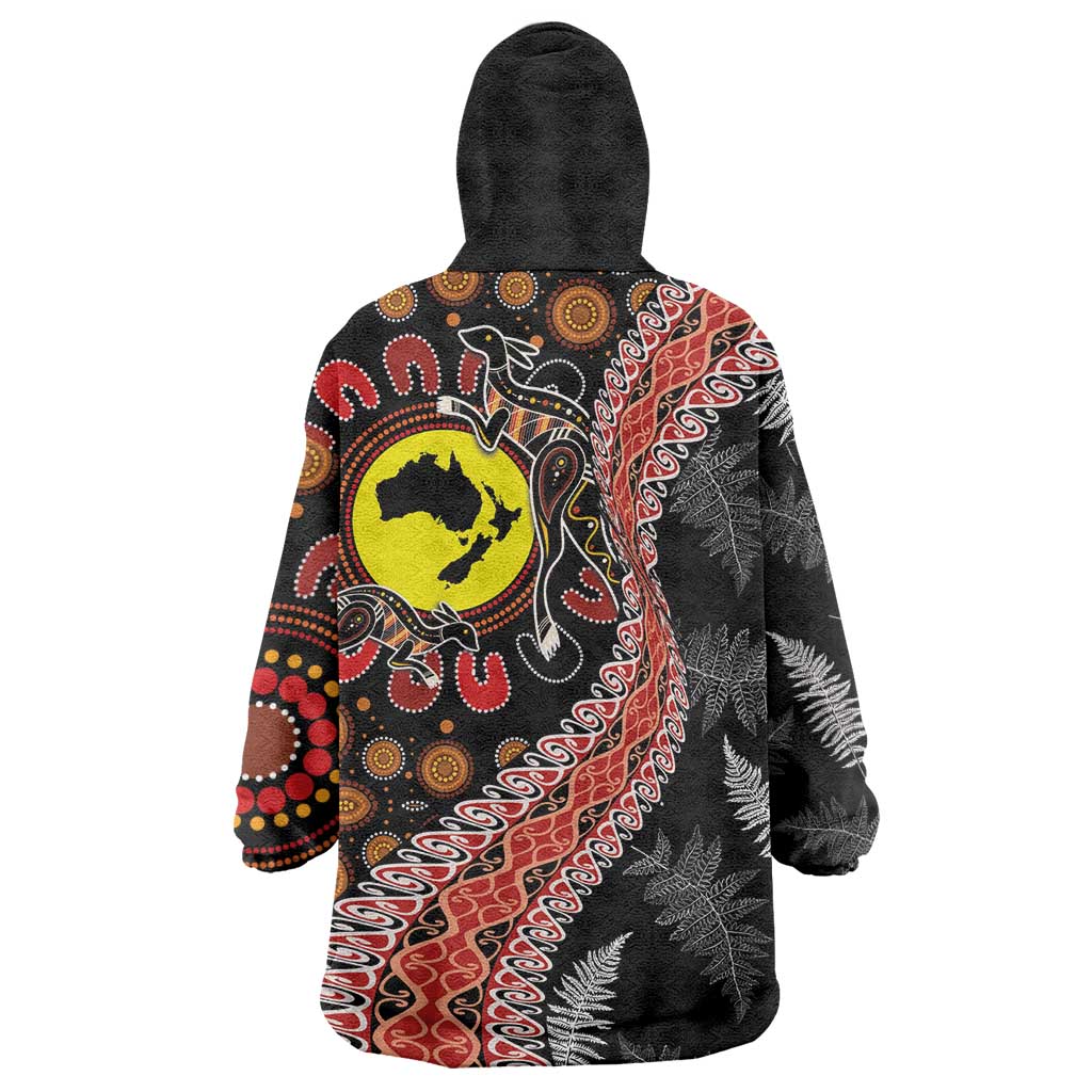 Aotearoa and Australia Wearable Blanket Hoodie Maori Koru Ferns With Aboriginal Kangaroo - Vibe Hoodie Shop