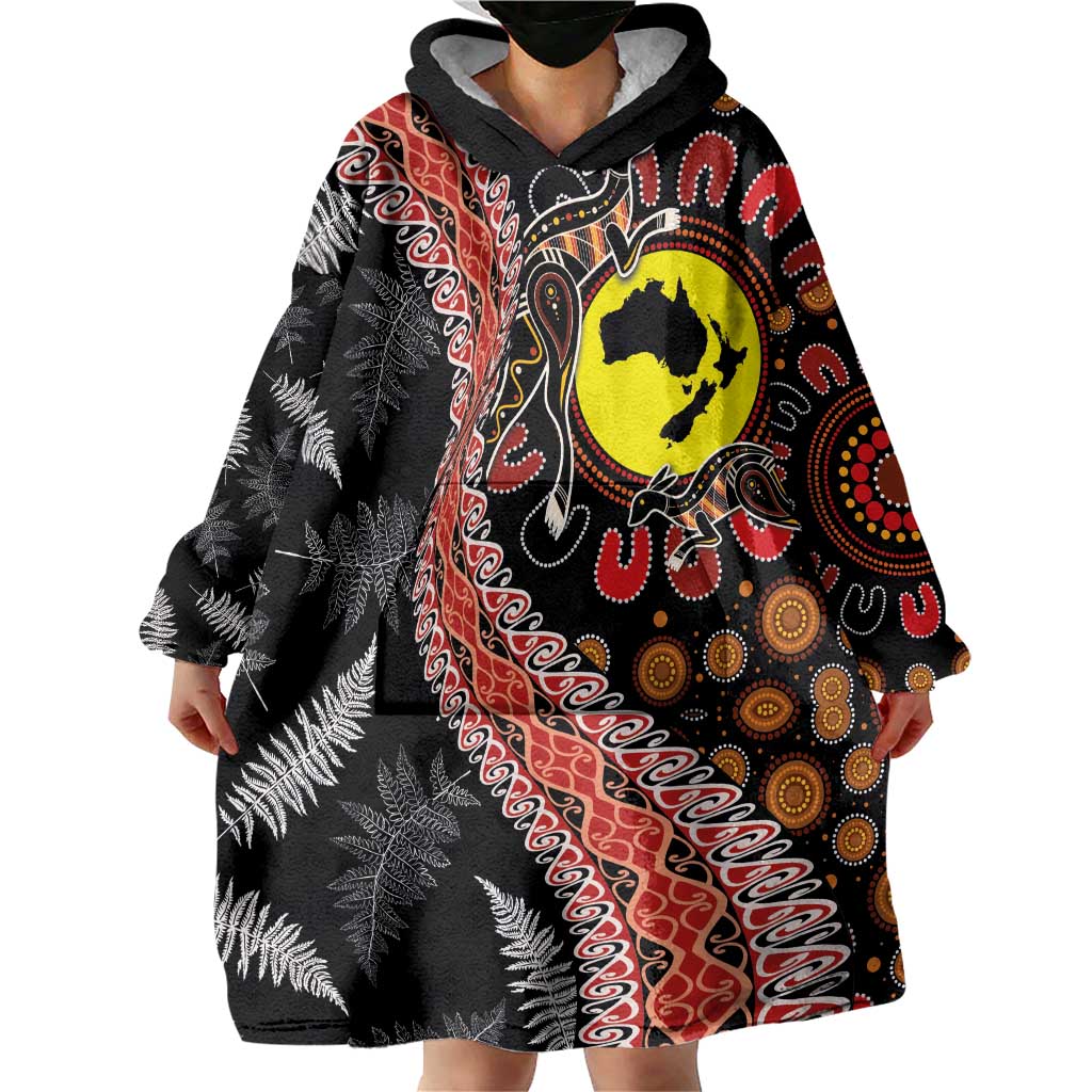 Aotearoa and Australia Wearable Blanket Hoodie Maori Koru Ferns With Aboriginal Kangaroo - Vibe Hoodie Shop