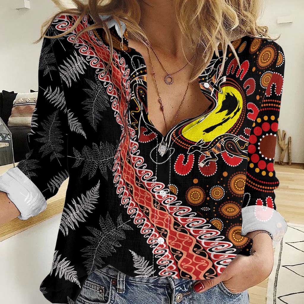 Aotearoa and Australia Women Casual Shirt Maori Koru Ferns With Aboriginal Kangaroo - Vibe Hoodie Shop