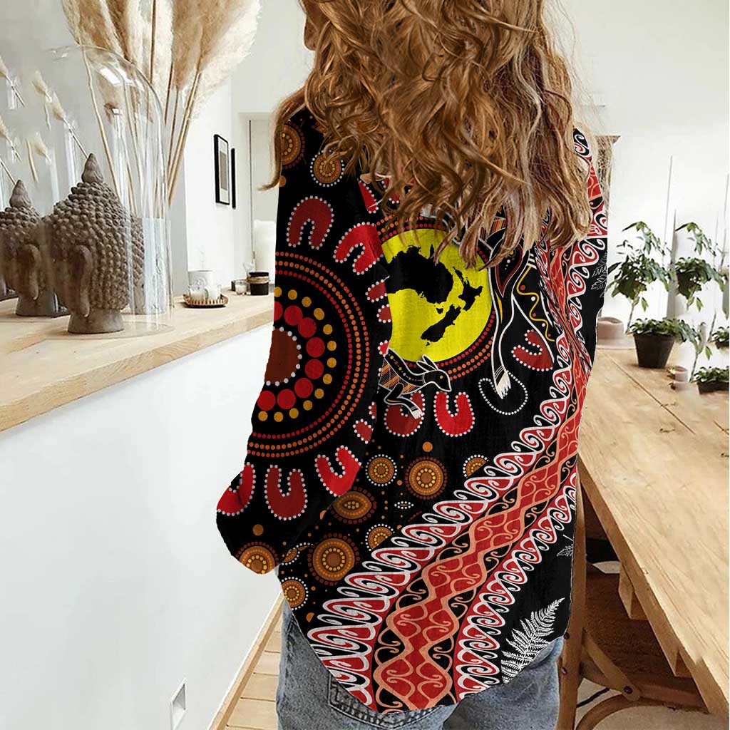 Aotearoa and Australia Women Casual Shirt Maori Koru Ferns With Aboriginal Kangaroo - Vibe Hoodie Shop