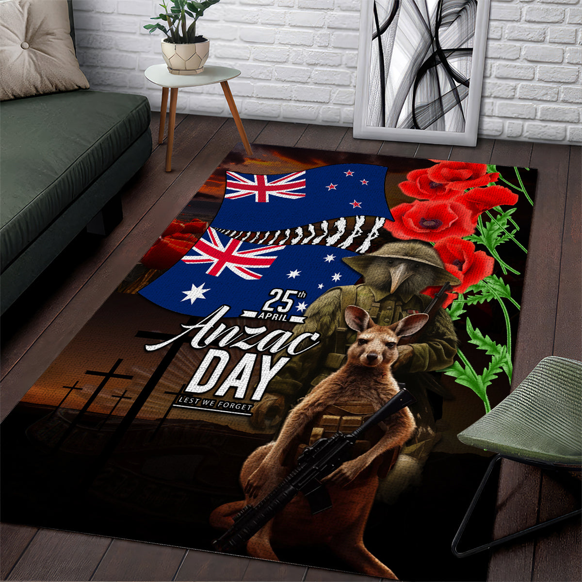 New Zealand and Australia ANZAC Day Area Rug National Flag mix Kiwi Bird and Kangaroo Soldier Style - Vibe Hoodie Shop