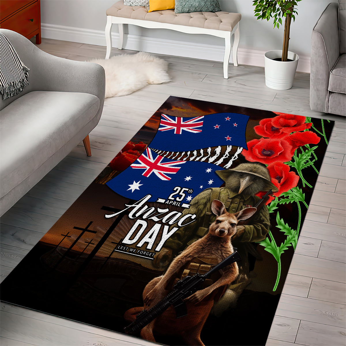 New Zealand and Australia ANZAC Day Area Rug National Flag mix Kiwi Bird and Kangaroo Soldier Style - Vibe Hoodie Shop