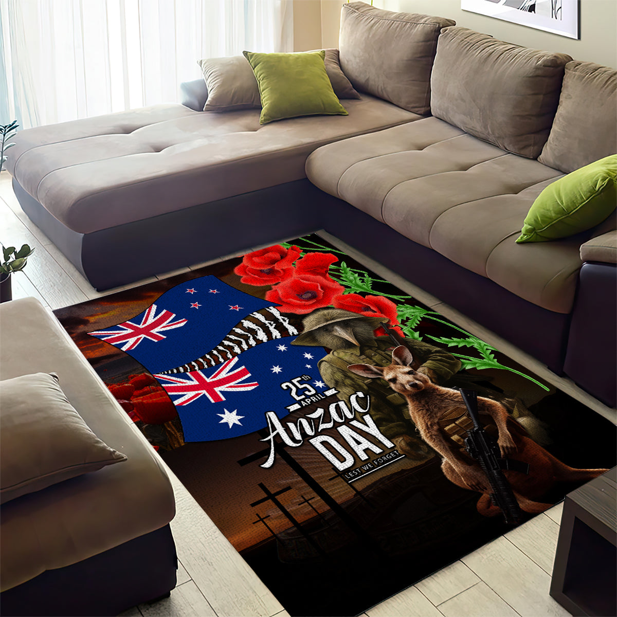 New Zealand and Australia ANZAC Day Area Rug National Flag mix Kiwi Bird and Kangaroo Soldier Style - Vibe Hoodie Shop