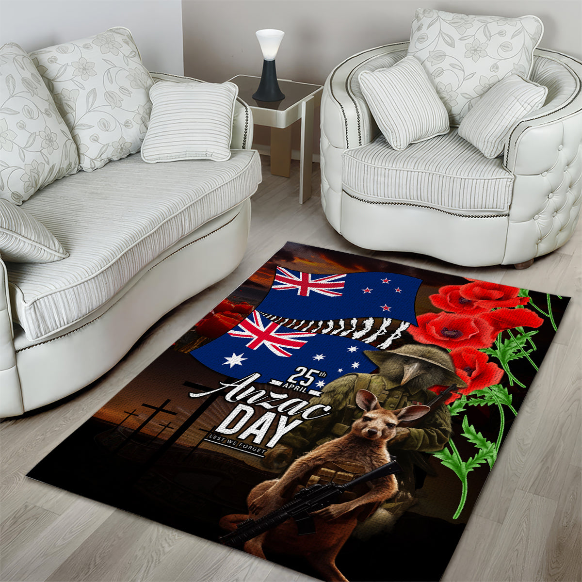 New Zealand and Australia ANZAC Day Area Rug National Flag mix Kiwi Bird and Kangaroo Soldier Style - Vibe Hoodie Shop