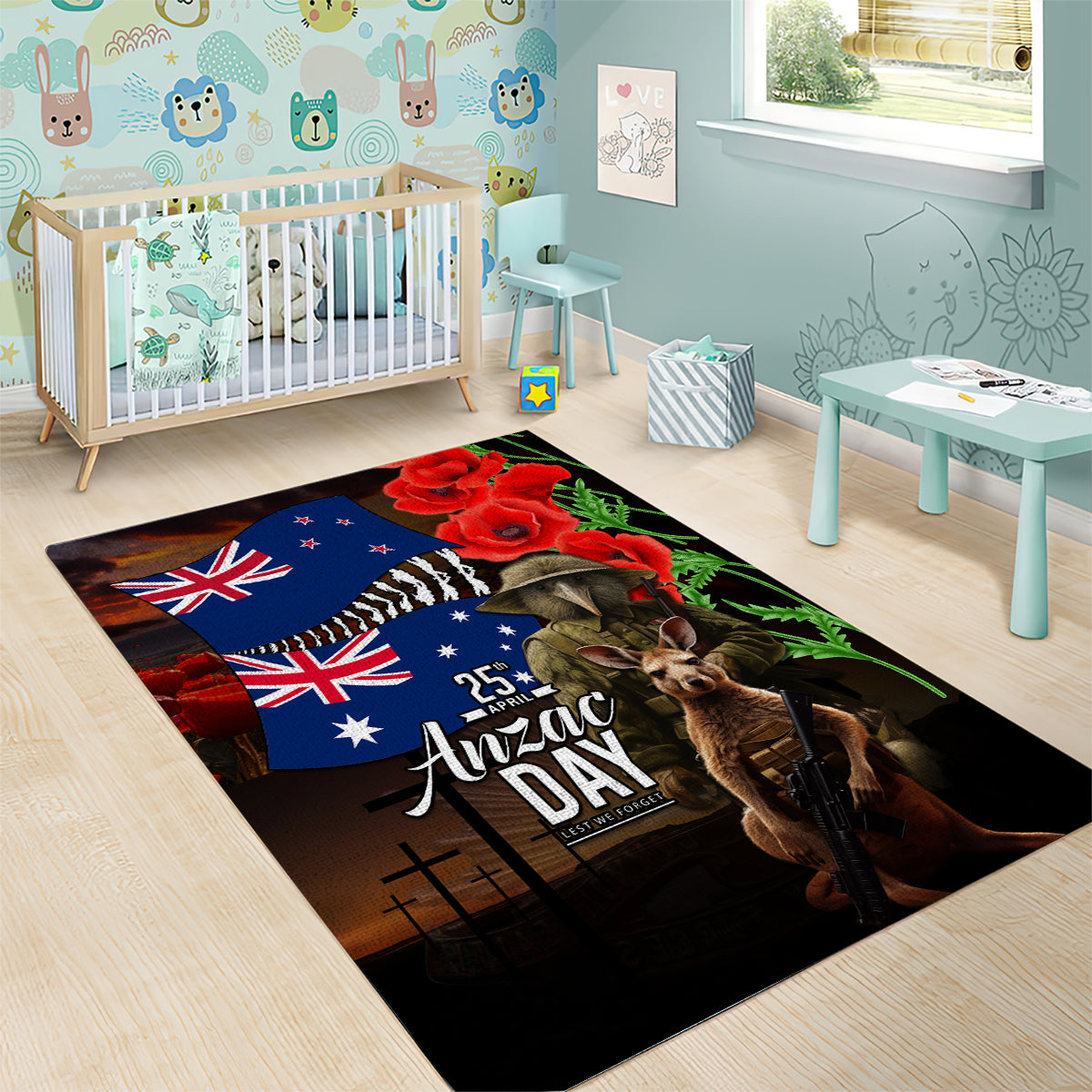 New Zealand and Australia ANZAC Day Area Rug National Flag mix Kiwi Bird and Kangaroo Soldier Style - Vibe Hoodie Shop