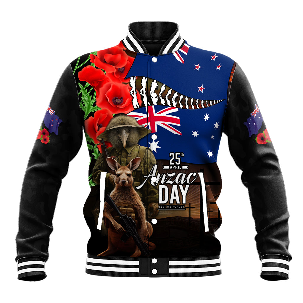 New Zealand and Australia ANZAC Day Baseball Jacket National Flag mix Kiwi Bird and Kangaroo Soldier Style - Vibe Hoodie Shop
