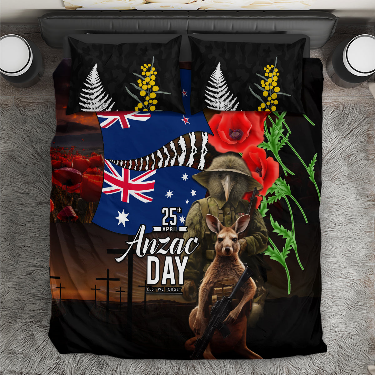 New Zealand and Australia ANZAC Day Bedding Set National Flag mix Kiwi Bird and Kangaroo Soldier Style - Vibe Hoodie Shop