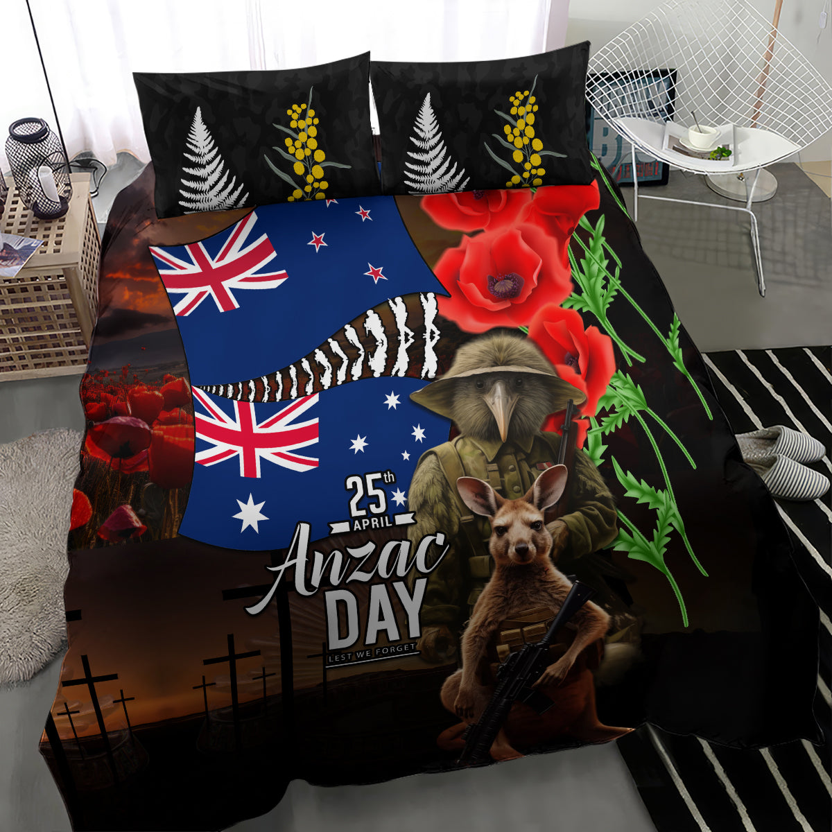 New Zealand and Australia ANZAC Day Bedding Set National Flag mix Kiwi Bird and Kangaroo Soldier Style - Vibe Hoodie Shop