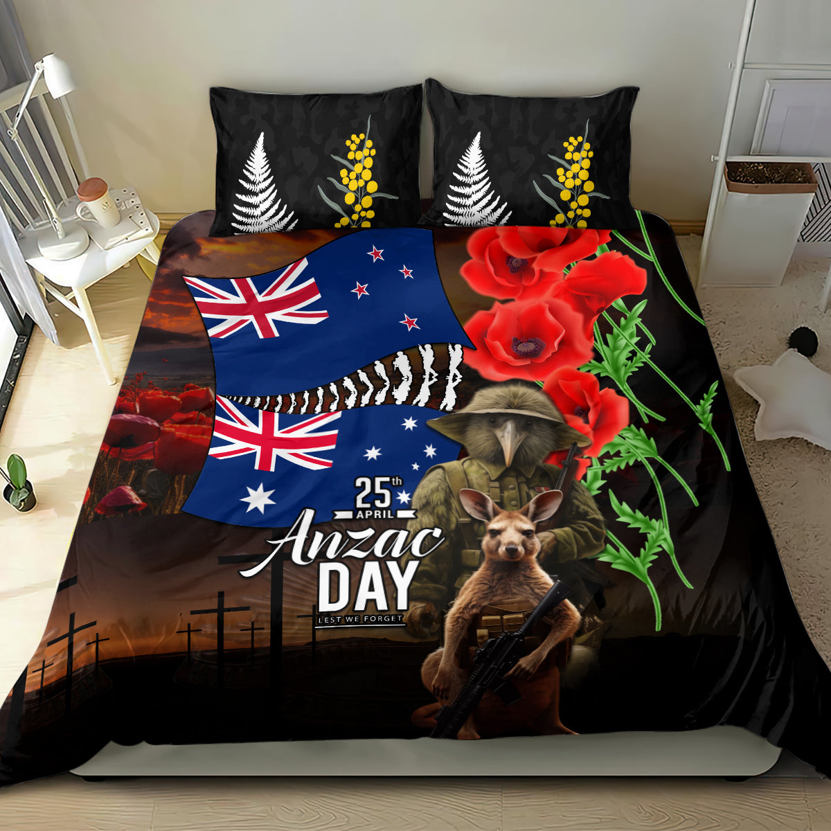 New Zealand and Australia ANZAC Day Bedding Set National Flag mix Kiwi Bird and Kangaroo Soldier Style - Vibe Hoodie Shop