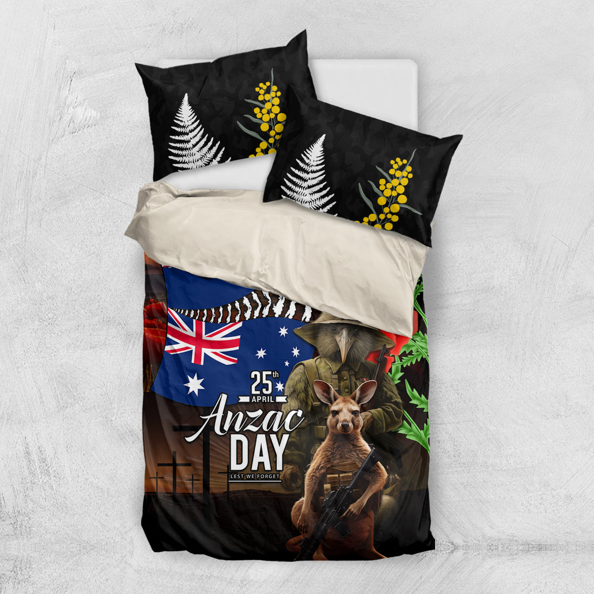 New Zealand and Australia ANZAC Day Bedding Set National Flag mix Kiwi Bird and Kangaroo Soldier Style - Vibe Hoodie Shop