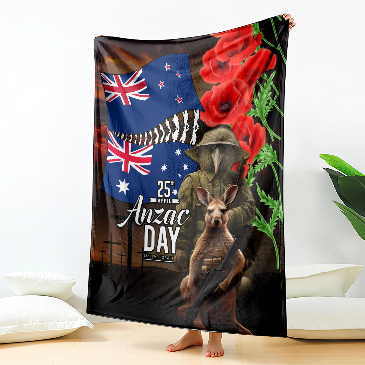 New Zealand and Australia ANZAC Day Blanket National Flag mix Kiwi Bird and Kangaroo Soldier Style - Vibe Hoodie Shop