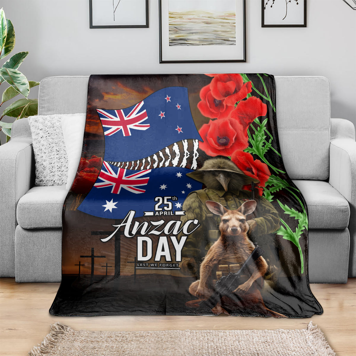 New Zealand and Australia ANZAC Day Blanket National Flag mix Kiwi Bird and Kangaroo Soldier Style - Vibe Hoodie Shop