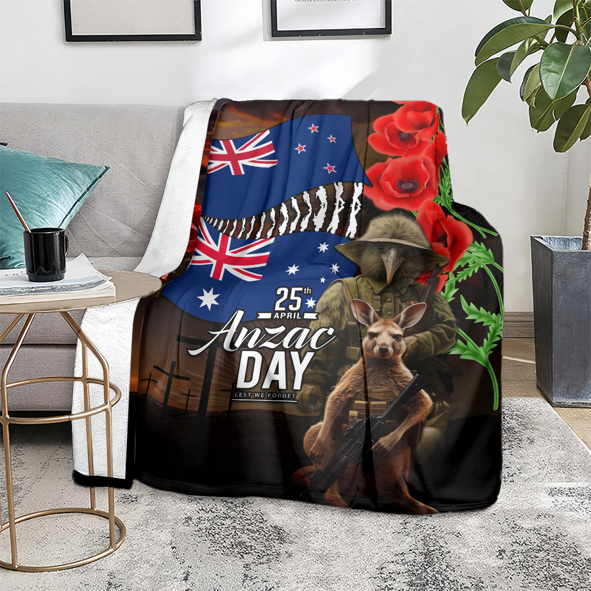 New Zealand and Australia ANZAC Day Blanket National Flag mix Kiwi Bird and Kangaroo Soldier Style - Vibe Hoodie Shop