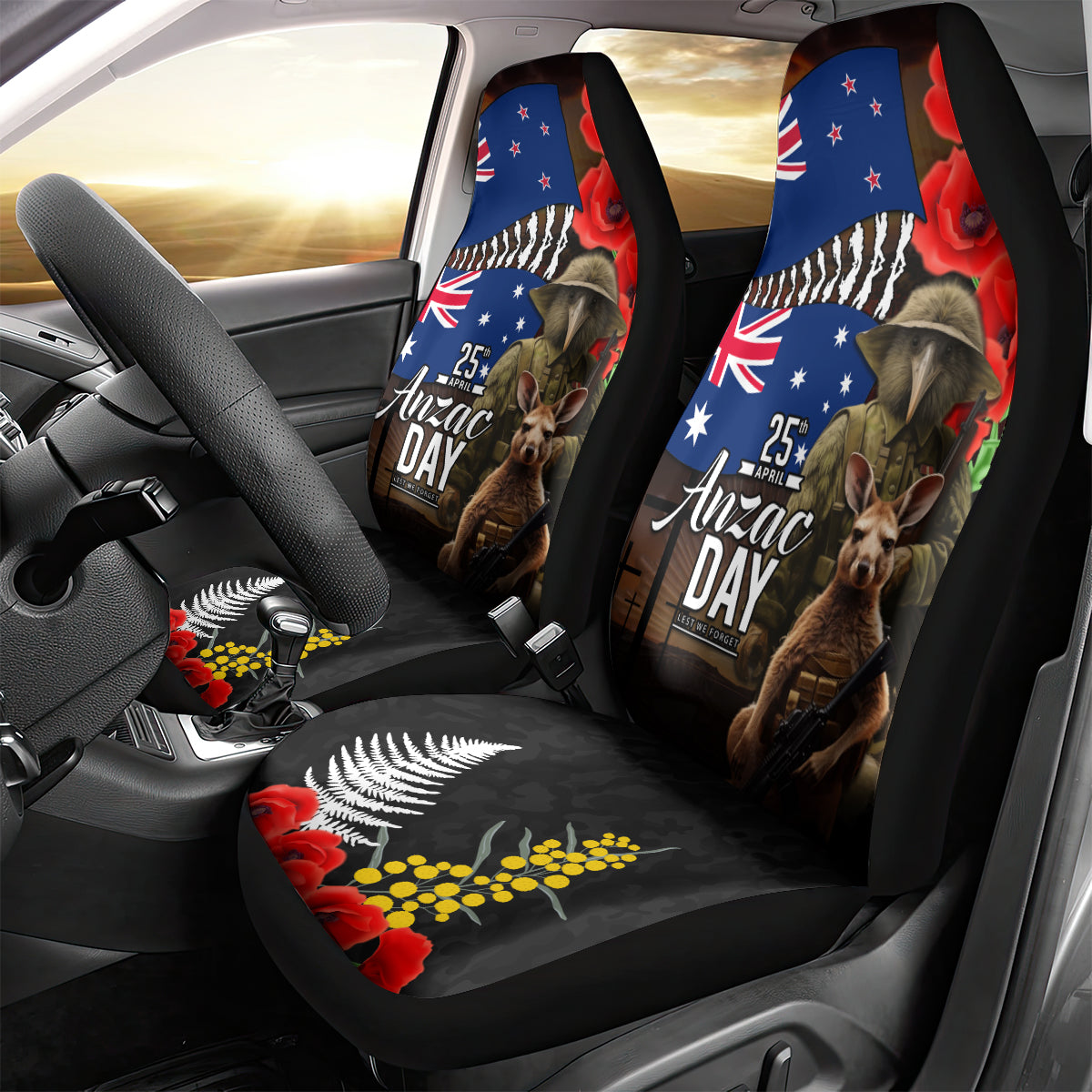 New Zealand and Australia ANZAC Day Car Seat Cover National Flag mix Kiwi Bird and Kangaroo Soldier Style - Vibe Hoodie Shop