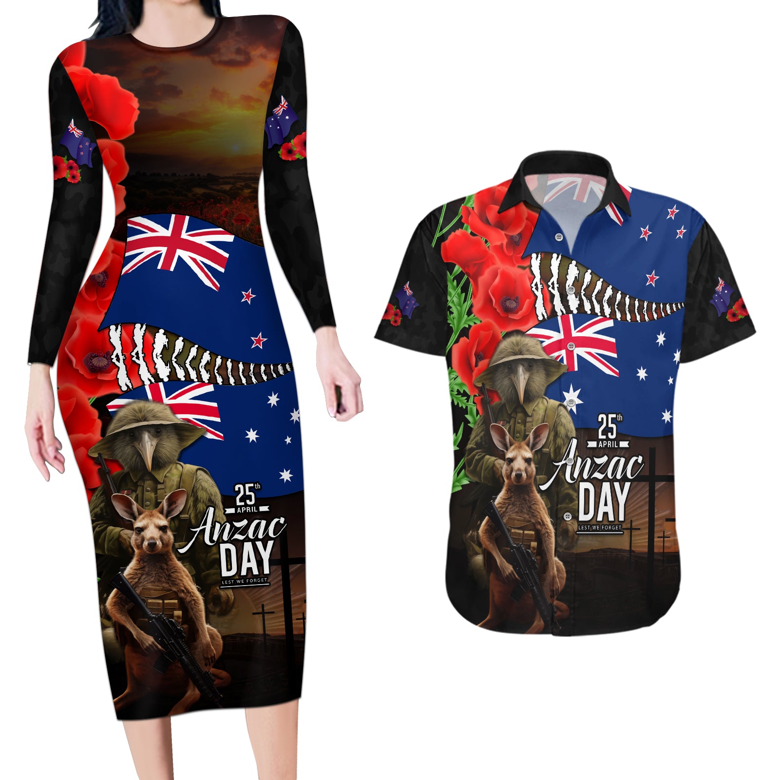 New Zealand and Australia ANZAC Day Couples Matching Long Sleeve Bodycon Dress and Hawaiian Shirt National Flag mix Kiwi Bird and Kangaroo Soldier Style