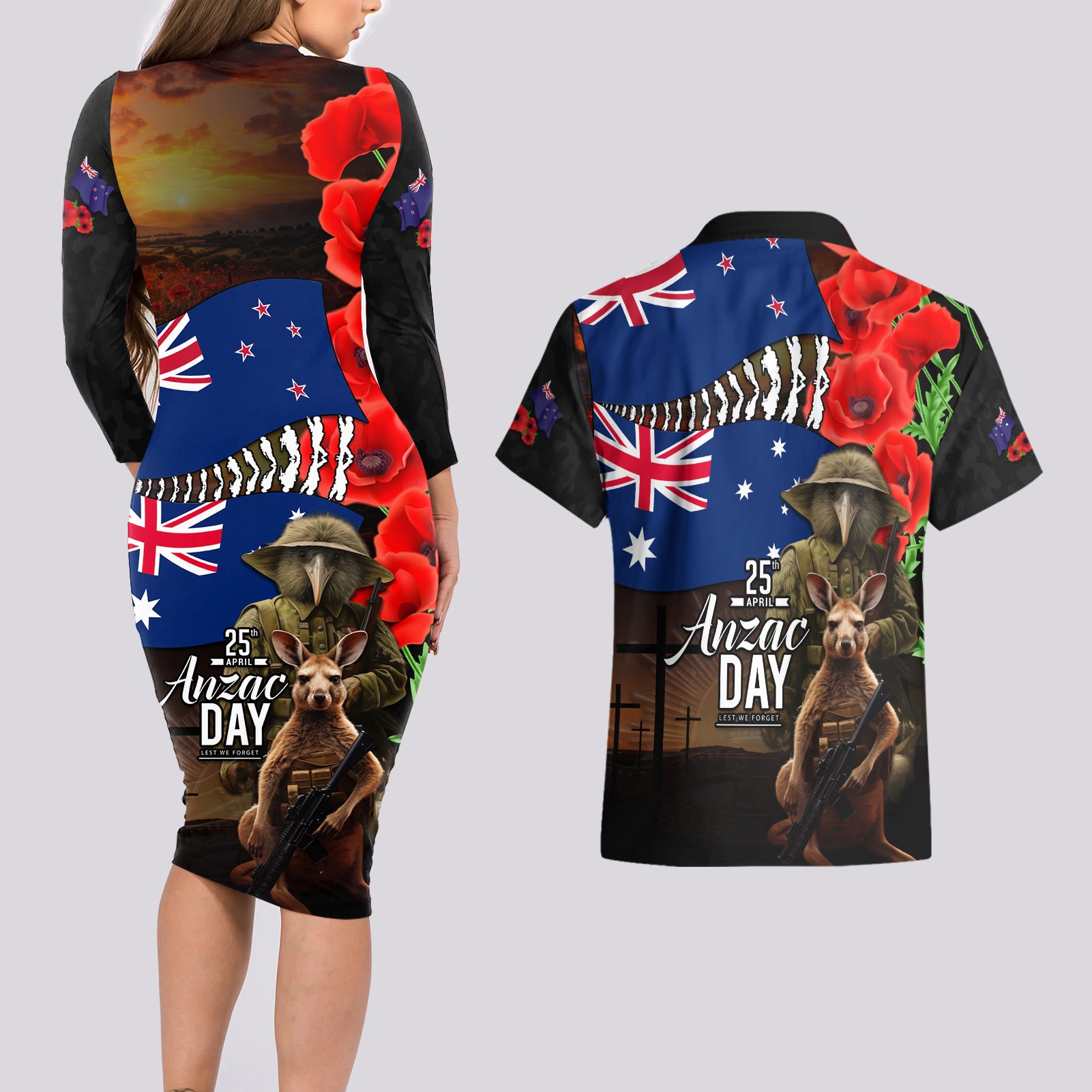 New Zealand and Australia ANZAC Day Couples Matching Long Sleeve Bodycon Dress and Hawaiian Shirt National Flag mix Kiwi Bird and Kangaroo Soldier Style